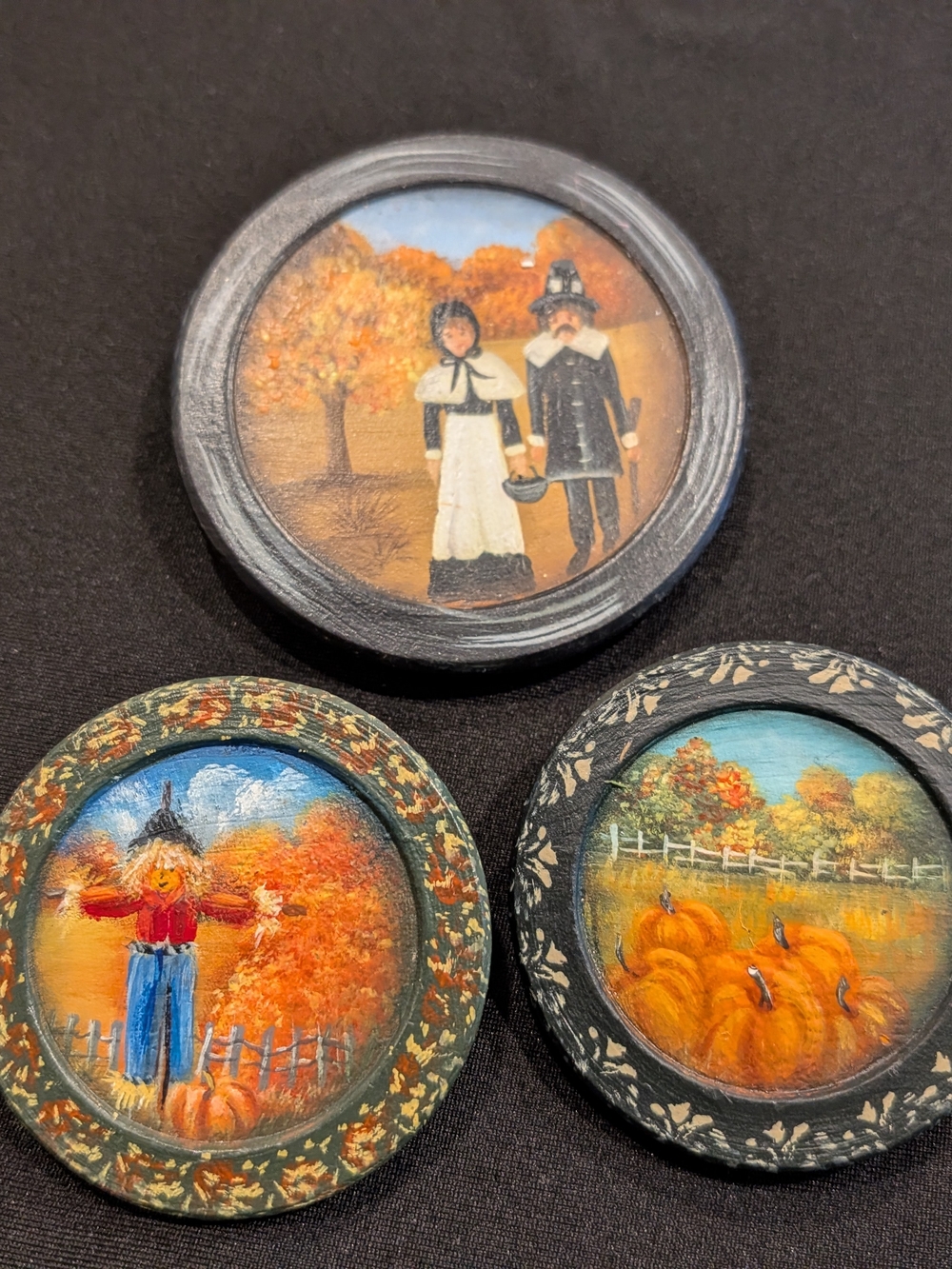 Hand Painted Fall Mini Plaques — Autumn Pumpkin & Pilgrim Scenes Set Brooch Of 3